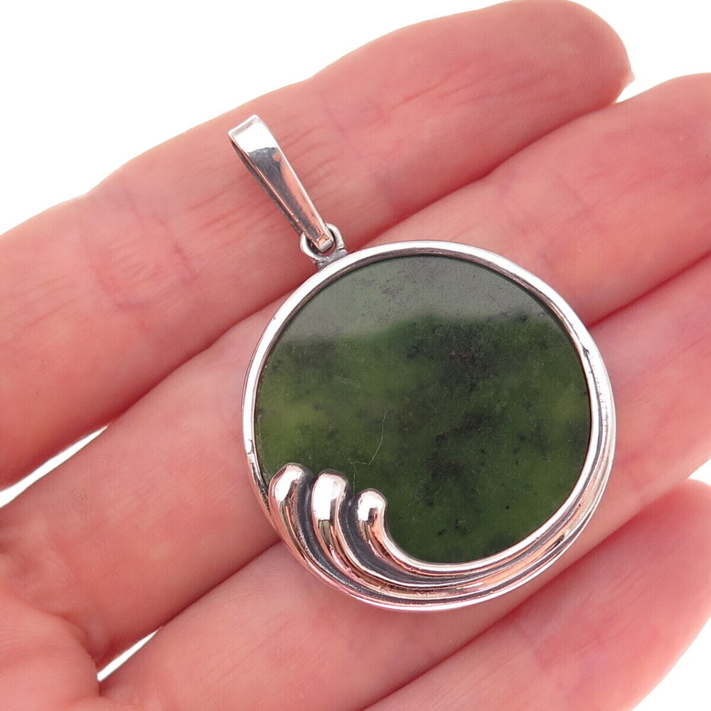 800 Silver Vintage Real Jade Modernist Wave Oxidized Charm Pendant
